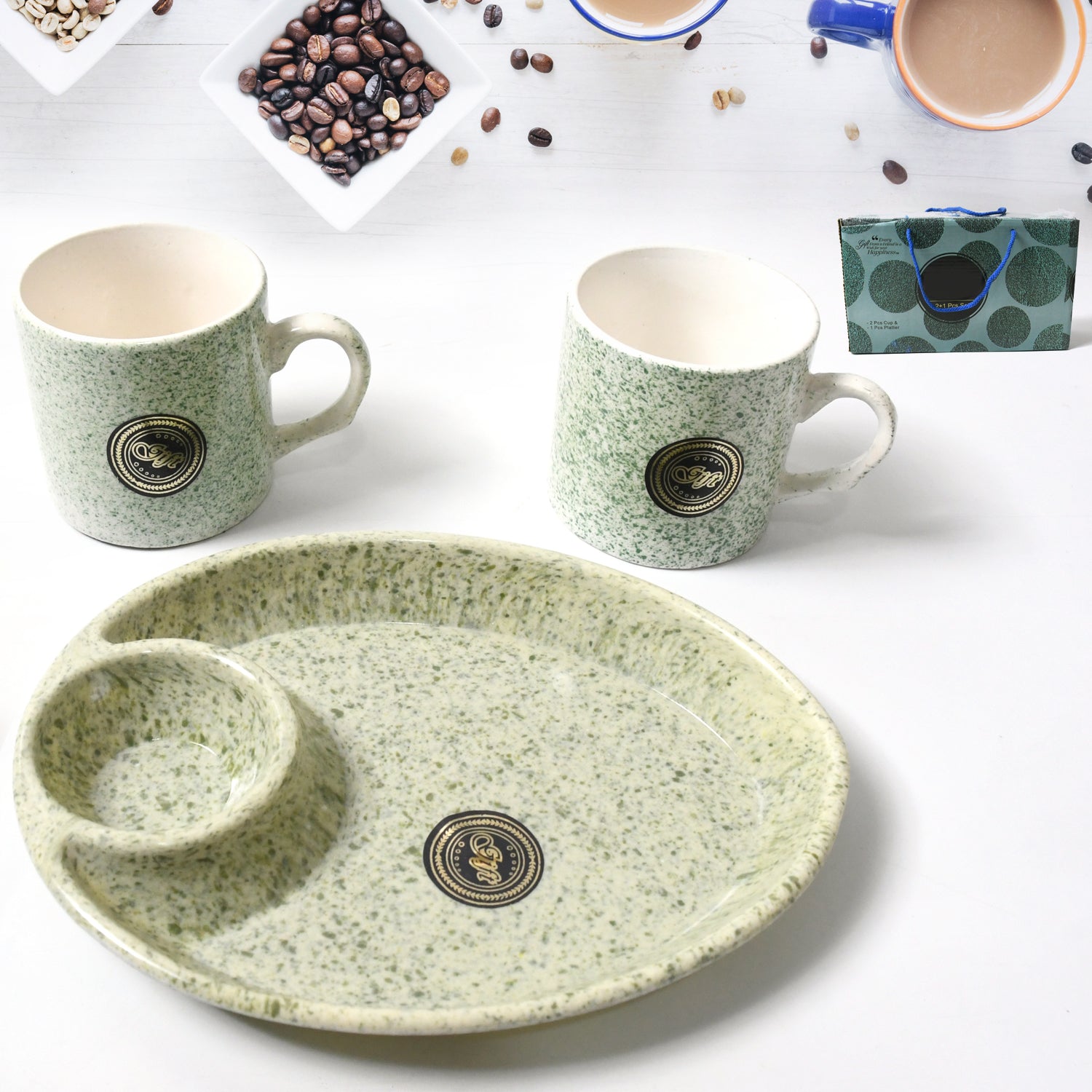 Ceramic Tea/Coffee Cup Set - Alpino 3-Piece with 2-Compartment Serving Platter (BPA-Free) Ceramic Tea/Coffee Cup Set - Alpino 3-Piece with 2-Compartment Serving Platter (BPA-Free)
